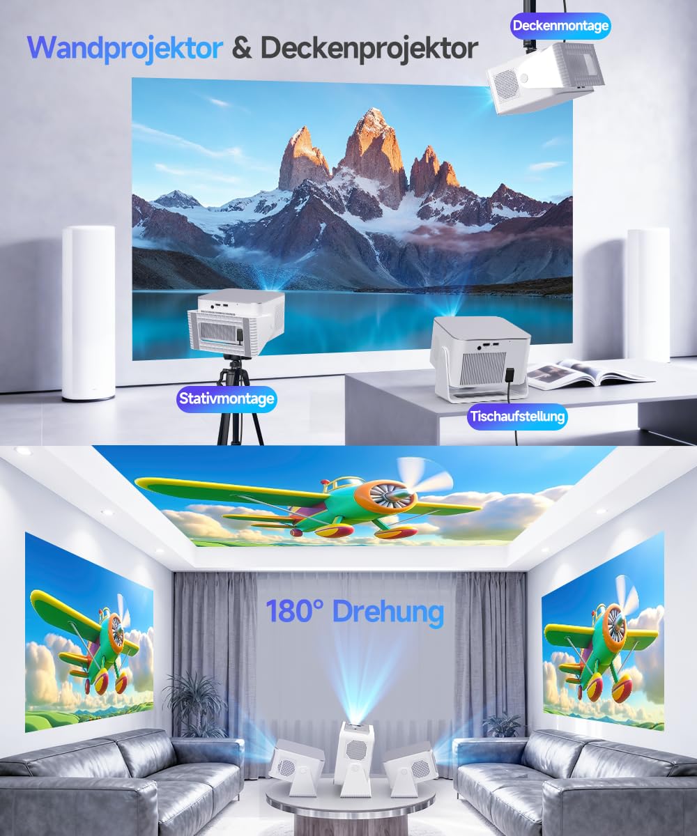 Alwtniet Mini Beamer Projektor 4K 8K Unterstützt, Full HD 1080P Smart Projector mit Android 14, WiFi 6 Bluetooth 5.4, Autofokus Auto Keystone 180°Dreh Beamer klein Heimkino Ultrakurzdistanz HY350MAX
