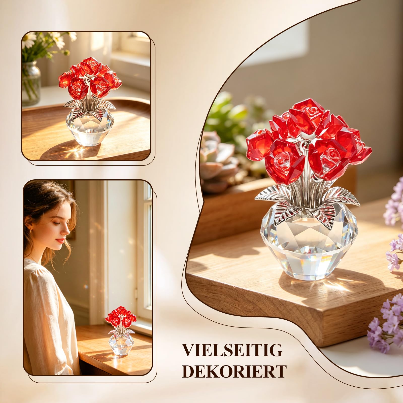 Hoypeyfiy Rote Kristallrosen, Kristallrosen in Einer Diamantvase, Ideal Als Wohnaccessoire Oder Als Romantisches Geschenk