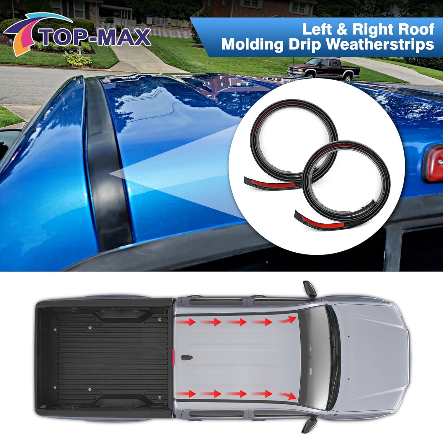 TOP-MAX 2pcs Roof Drip Molding Compatible with 2005-2015 Toyota Tacoma Double CAB Models, with 4 Self-Adhesive Tapes Weatherstrip Car Roof Moulding Trim Seal Kit Replace for 75551-04063 75552-04063