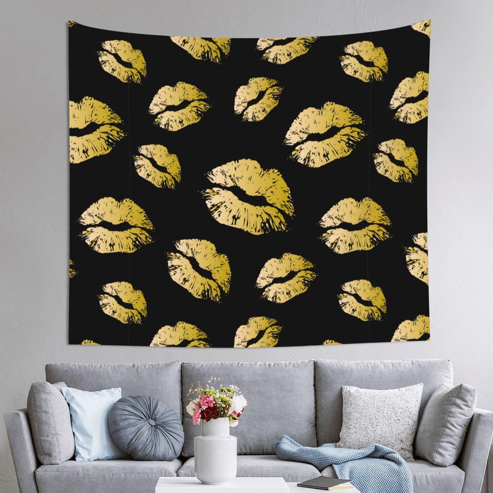 WKSGDSG Decoration Tapestry Wall Hanging For Bedroom, Gold Lips, 152x130cm Dorm Decor, Lightweight Easy Hang Wall Art For Living Room, Aesthetic Tapestries For Outdoor, Ceiling, Doorway, Camping
