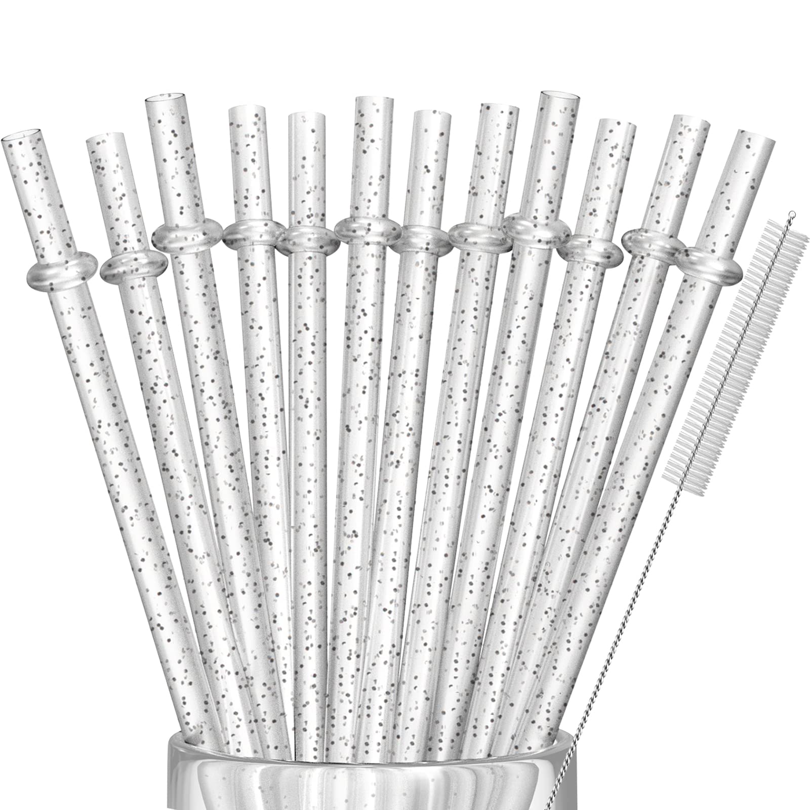 12-Pack Glitter Clear Reusable Plastic Straws for Tumblers and Mason Jars, 11 Inches Long Sparkle BPA-Free Replacement Drinking Straws with Cleaning Brush