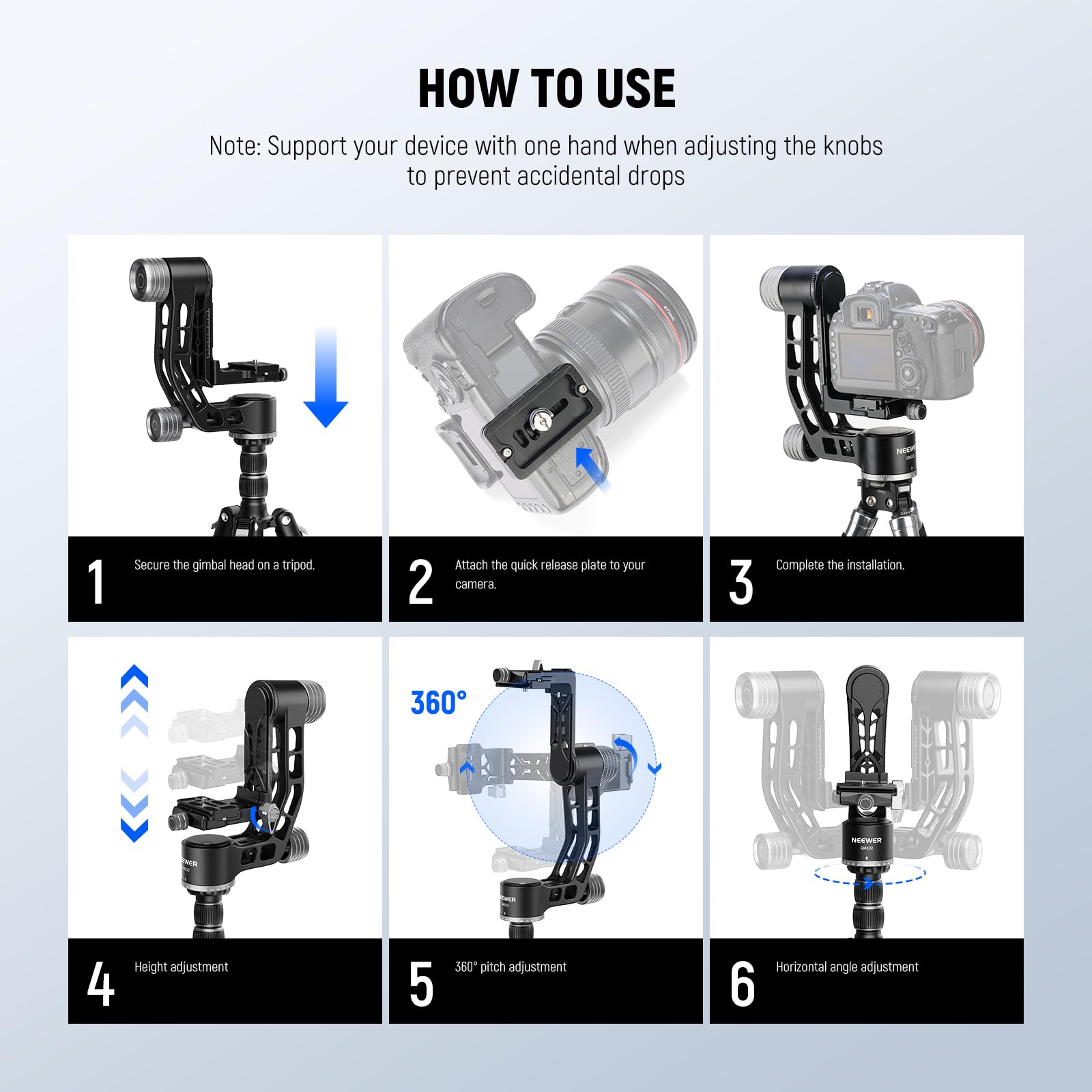 NEEWER GM102 Tête Gimbal pour Trépied Monopode Téléobjectif,Tête de Trépied Panoramique 360°,3 Axes de Réglage,Alliage d'Aluminium CNC Robuste,Système Arca Type Dégagement Rapide,Charge Max 33lb/15kg
