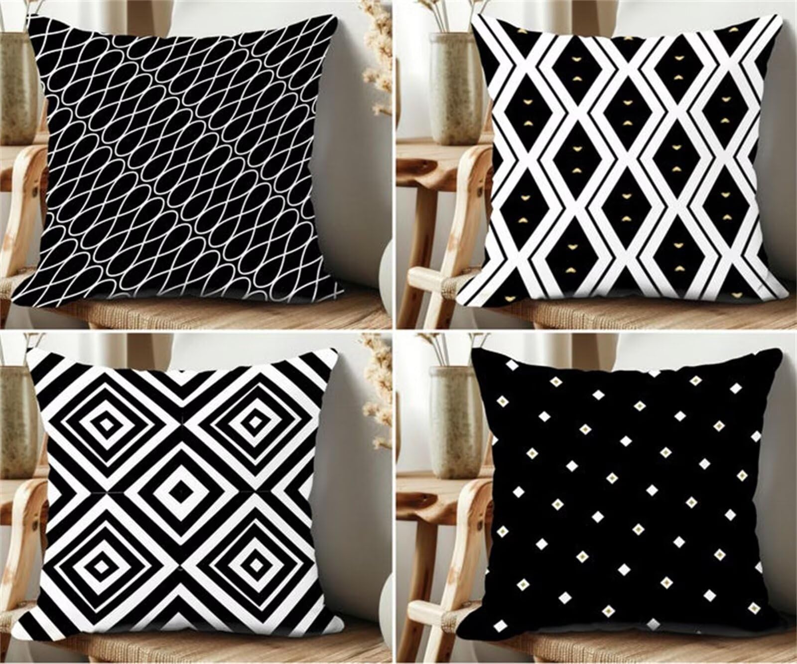 Housse de coussin 45x45 géométrique noir et blanc en lin pour déco de salon