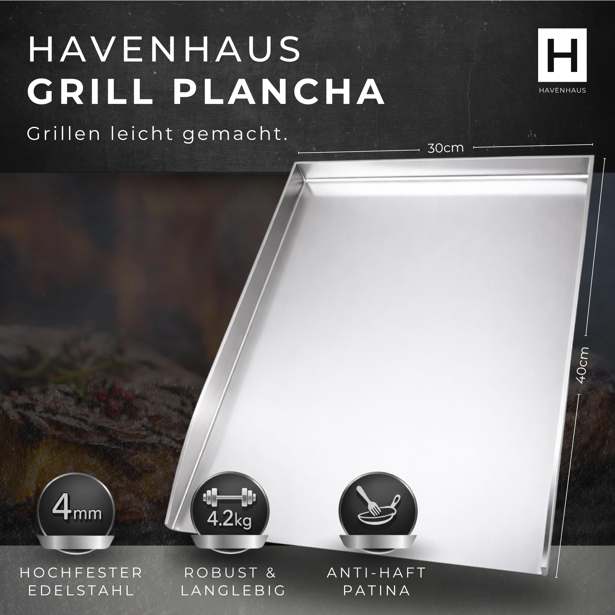 𝗛𝗔𝗩𝗘𝗡𝗛𝗔𝗨𝗦 Grillplatte Edelstahl [40x30cm] Set XXL mit umfassendem Smash Burger Zubehör | 6-teilig Premium Set Plancha, Burgerpresse, Burgerglocke& Grillspachtel I Smash Burger Set für Zuhause