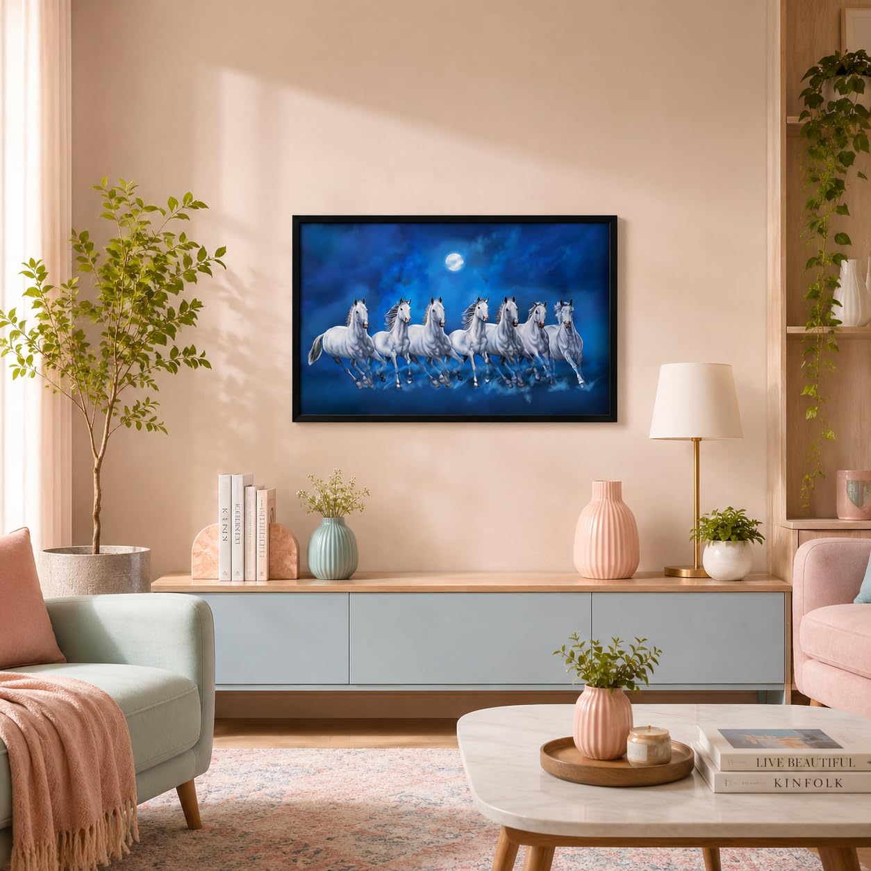 LIFEHAXTORE ® Xtore Seven Lucky Running Vastu Horses Art Framed Painting (Ocean Blue, 12 Inch x 18 Inch) 1