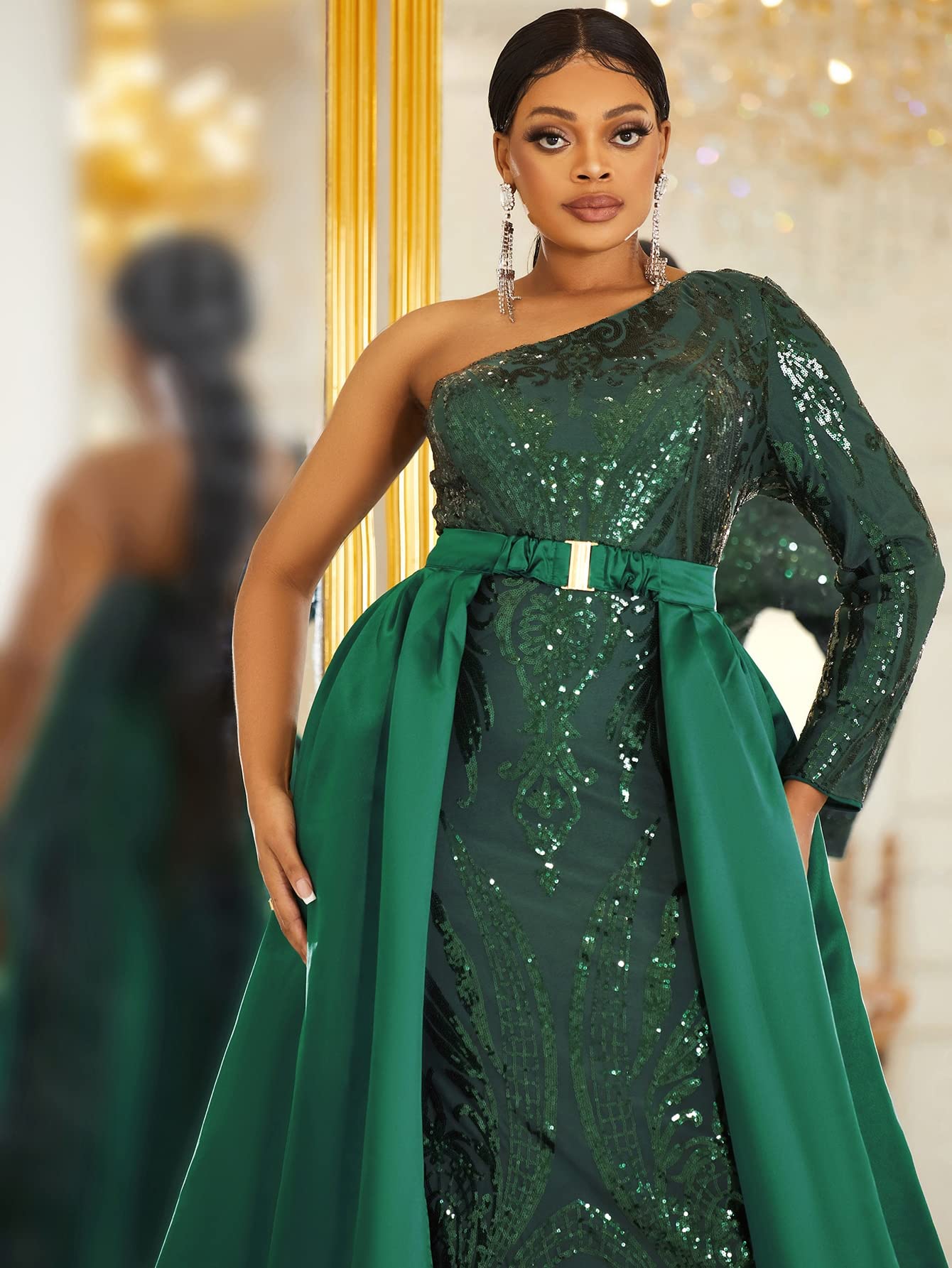 green emerald velvet dress QUNNO Womens dress Plus One Shoulder Contrast Sequins Belted Prom Dress ( Color : Dark Green, Size : 1XL) : Buy Online at Best Price in KSA