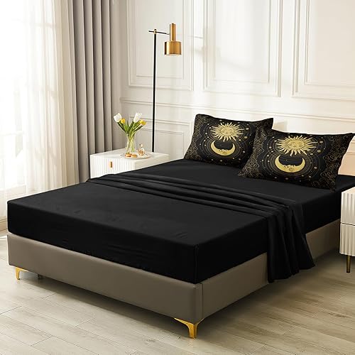 Miniatura 6 de Juego de edredón de sol y luna, ropa de cama negra bohemia tamaño individual en una bolsa, juego de cama de 6 piezas con edredón y juego de sábanas