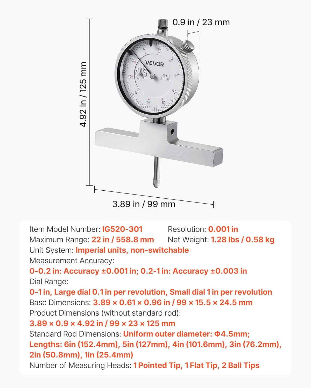 VEVOR Depth Gauge, Depth Micrometer 0-22 inch Measuring Range, 0.001" Resolution, with 4 Anvils & 6 Standard Rods, Precision Easy to Read Mechanical Tool for Measuring Groove, Step, Hole