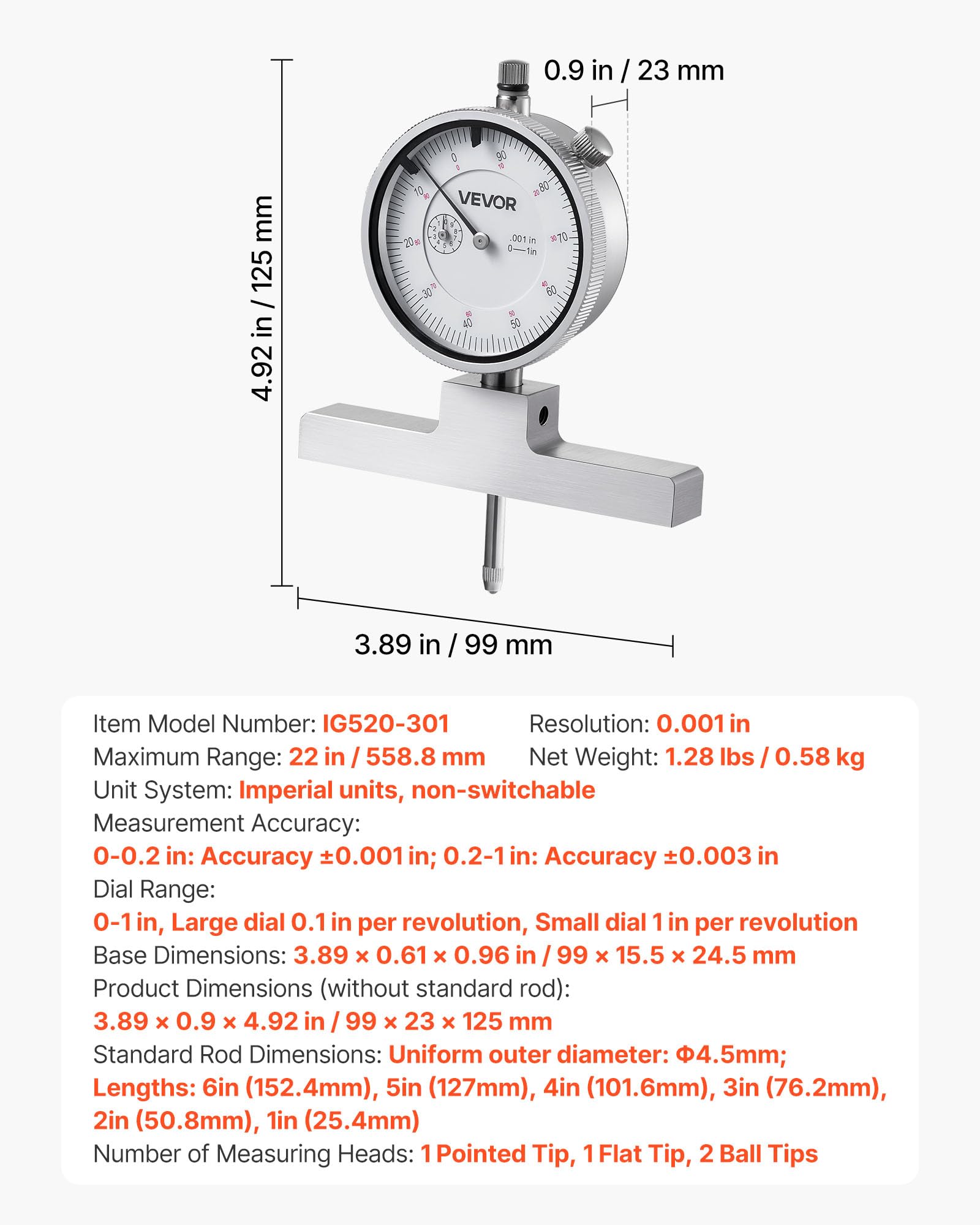 VEVOR Micromètre de Profondeur 0-22 pouces Jauge de Profondeur Résolution de 0,001 pouce Outil de Mesure Mécanique de Précision 0,001 pouce pour Rainures, Décalages, Trous, avec 4 Enclumes, 6 Tiges