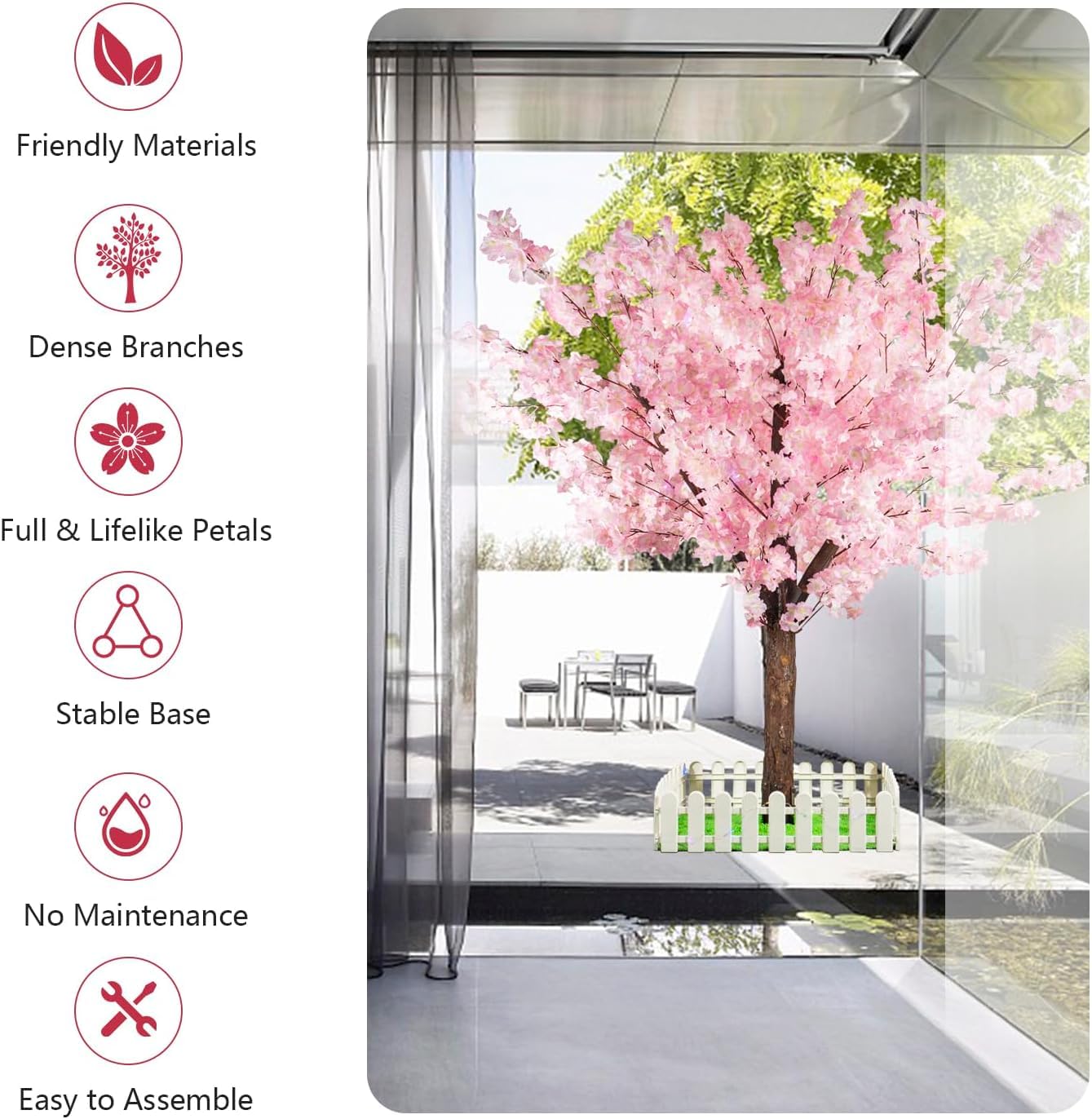 Cerisier artificiel en fleurs - Fait à la main - 1,5 m de haut - Tronc en bois naturel, fleurs réalistes - Maison, bureau, fête, mariage (rose)