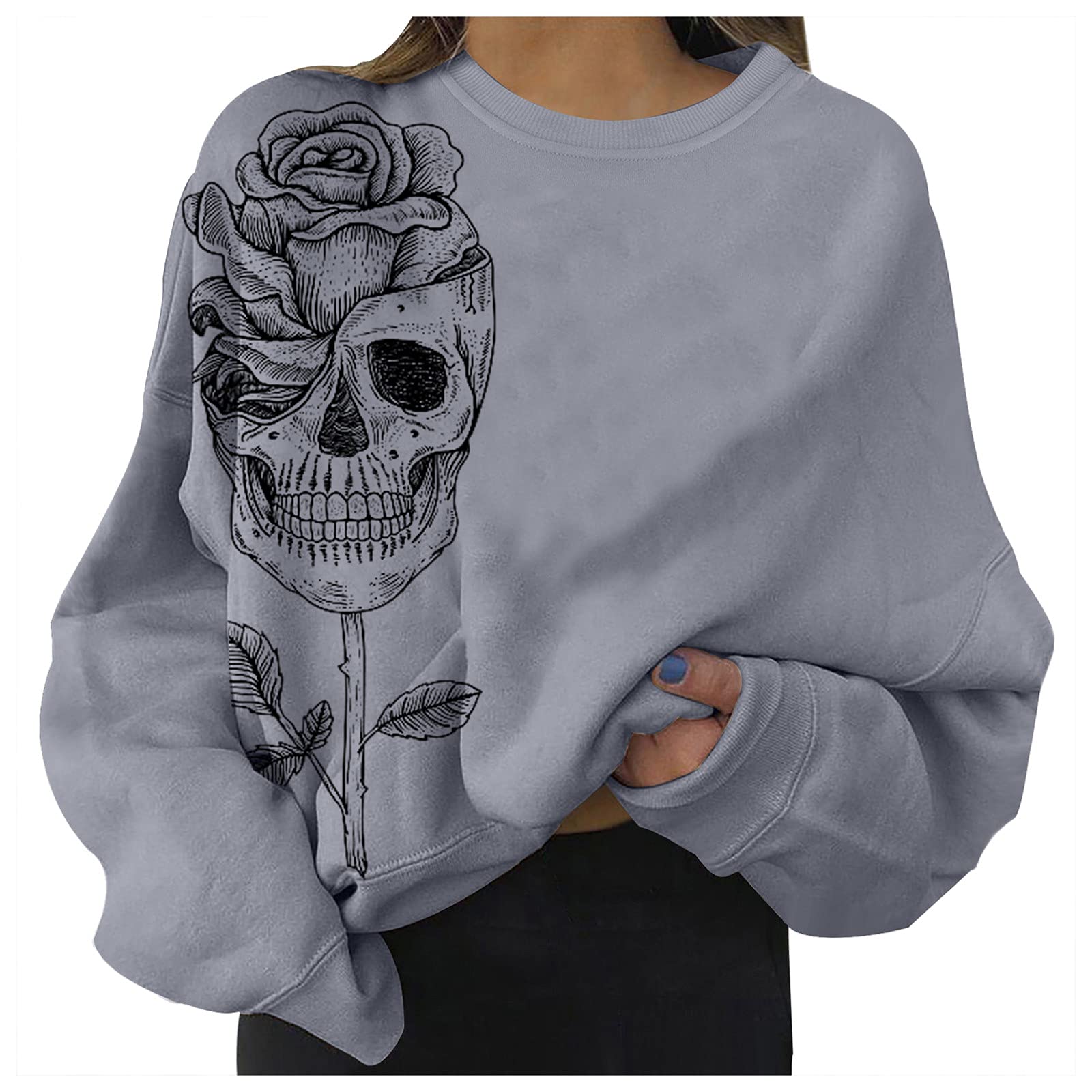 Buolo Halloween Sweatshirts for Women Casual Skull Print Long Sleeve Sweatshirts Pullover Sweatshirts Loose Tunic Tops