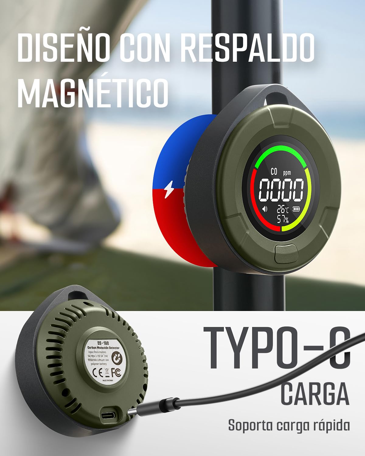Detector de monóxido de Carbono portátil GasDoc DS-100, Detector de CO 3-en-1 para Viaje & Camping, medidor de CO Recargable con Alerta Audible & Visual, Alarma para hogar & Coche - Bosque Oscuro