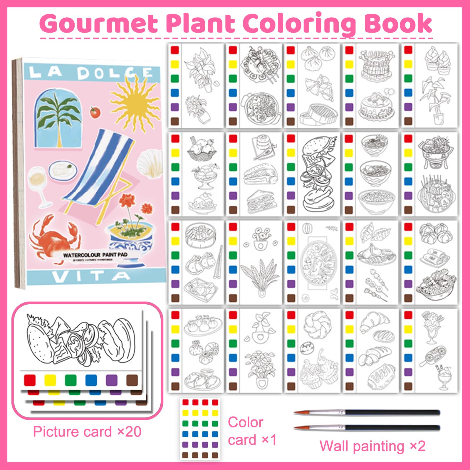 HhBdy Mini Watercolour Paint Pad 2Pcs,7.48×3.93 In Art Pad Portable Travel Paint Watercolor Coloring Book Set With 4 Paintbrush Cute Watercolor Paints Set Travel Colouring Books For Kids Adults