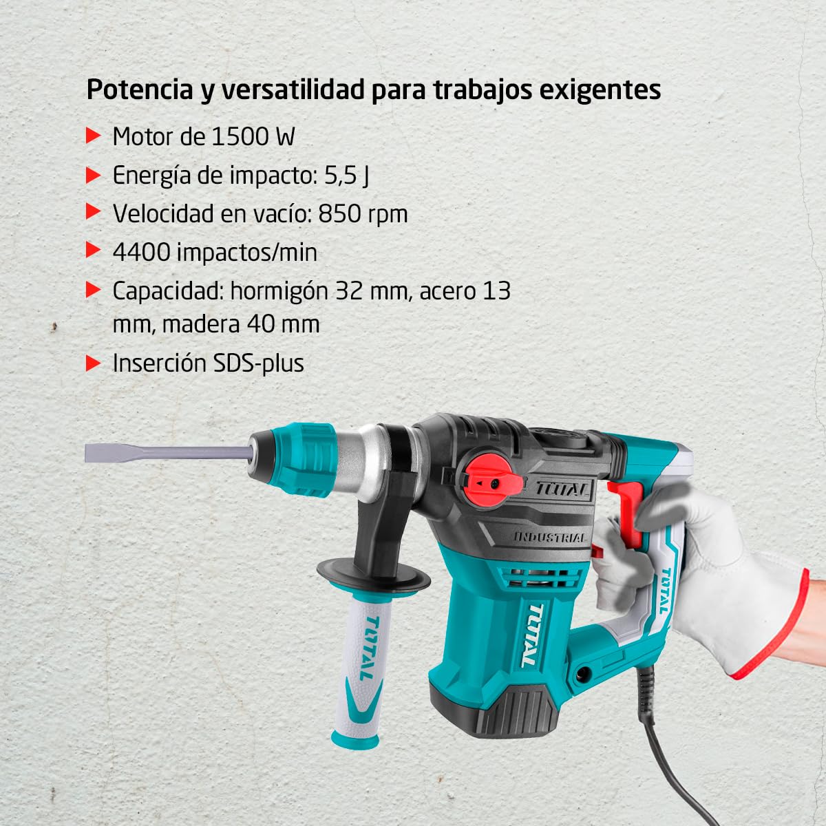 TOTAL - Martillo Combinado SDS Plus 1500W - 5.5J Alta potencia - Incluye set brocas y cinceles - Maletín incluido - TH1153216