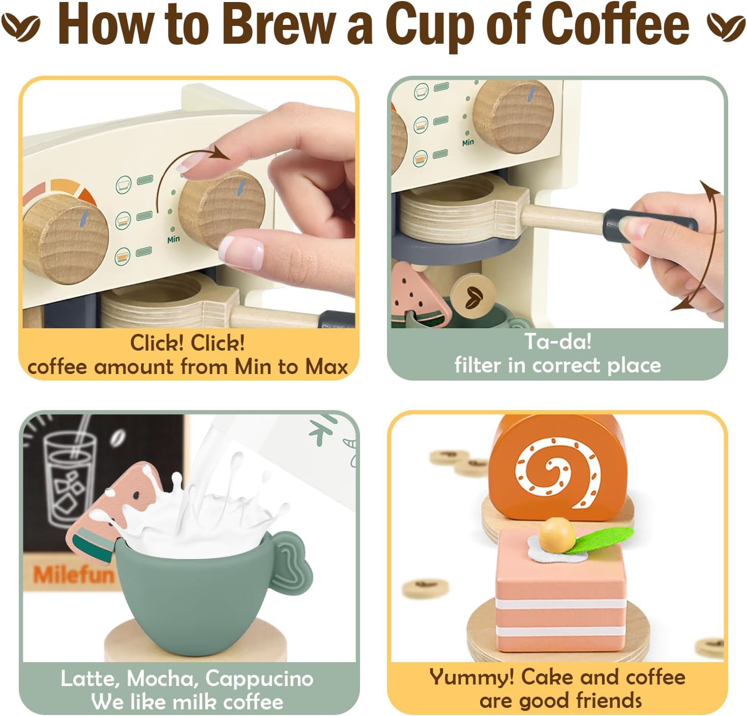Wooden Coffee Play Set - 22PCS Pretend Play Coffee Maker Toy for Kids Age 3-8, Montessori Learning Toys with Realistic Espresso Machine & Accessories
