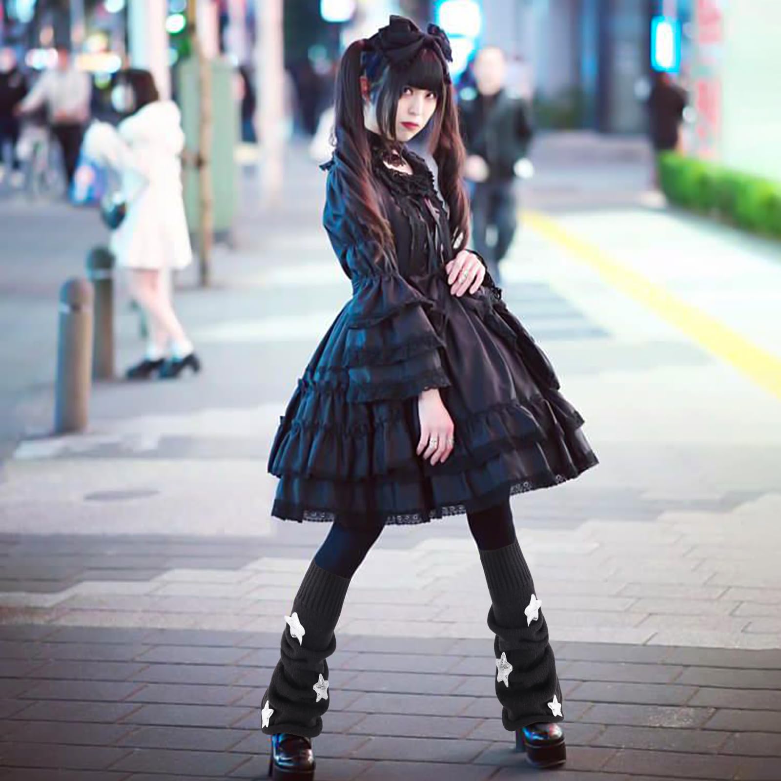 Junely 2 Pairs Leg Warmers for Women Kawaii Leg Warmer Cute Legwarmers Japanese Socks Halloween Goth Emo Gyaru Accessories: Black and White