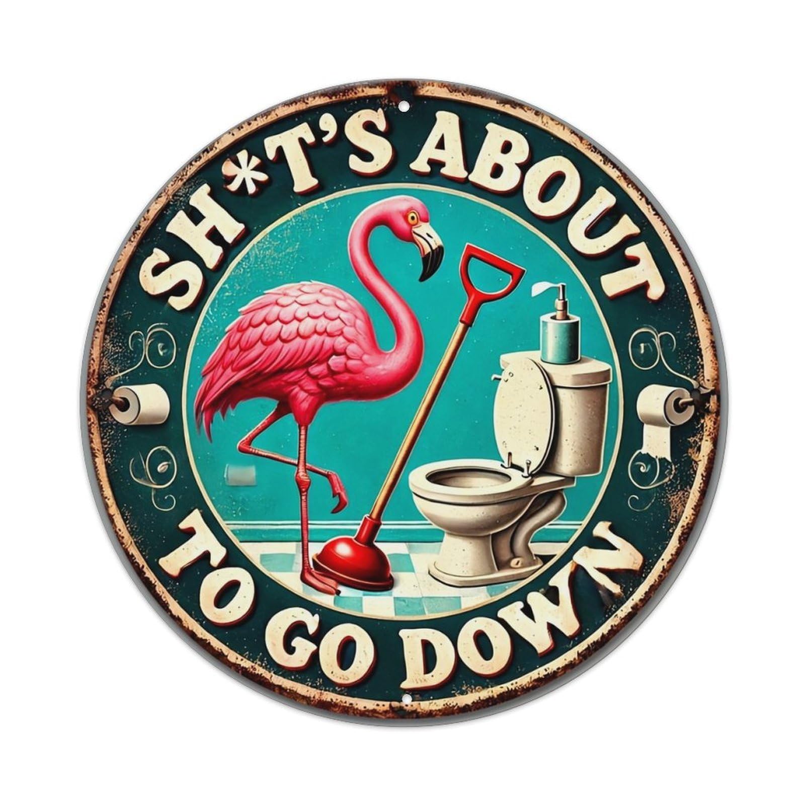 Flamingo Toilet Plunger Pattern Print Retro Metal Sign Round Tin Sign, Vintage Decor Art Poster for Bar, Home, Man Cave, Kitchen, Laundry Room Gift 8x8Inch