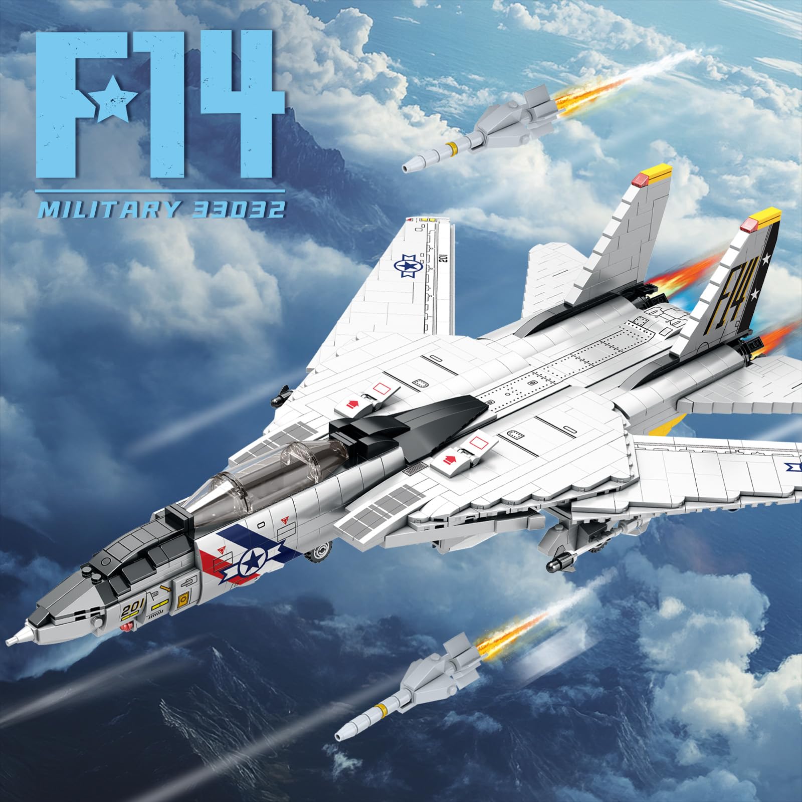 Reobrix F-14 Tomcat Fighter Jet Building Set, 1600 Blocks, Movable Wings, Military Plane Model Kit for Adults & Kids 14+, Unisex, Not Foldable