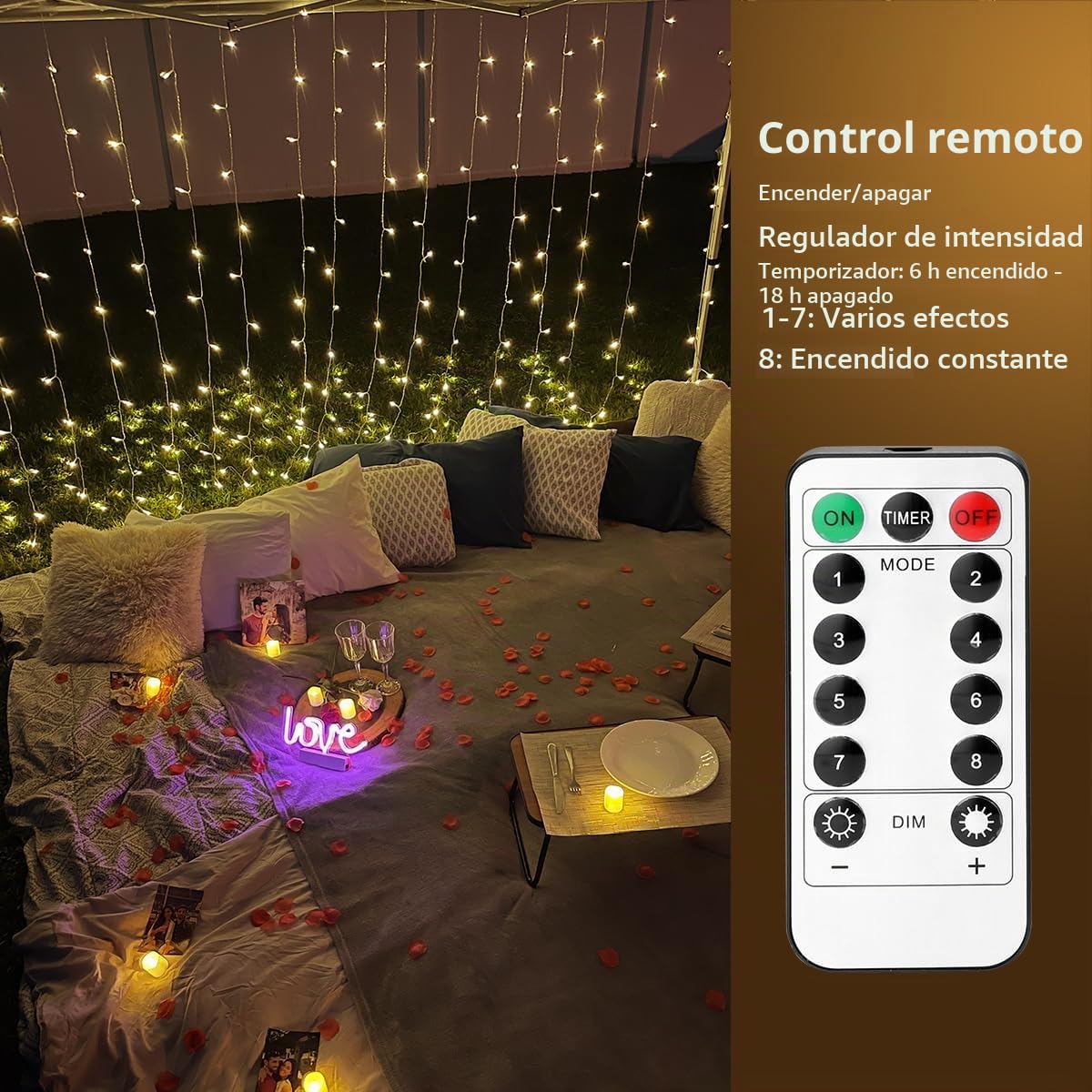 LE Cortina Luces LED 3x3m 300 LED, USB o PILAS, Cadena de Luces Blanco cálido, 8 Modos Luz, Impermeable Interior y Exterior, Luz de Hadas Intensidad Regulable, Decoración de Fiestas, Navidad, Balcón | Cadena de Luces USB o PILAS, Impermeable IP44 Interior