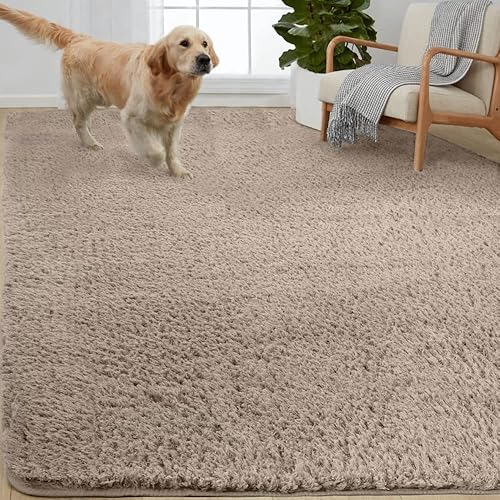 Gorilla Grip Soft Faux Fur Area Rug, Washable, Shed and Fade Resistant, Grip Dots Underside, Fluffy Shag Indoor Bedroom Rugs, Easy Clean, for Living Room Floor, Nursery Carpets, 5x8 FT, Beige