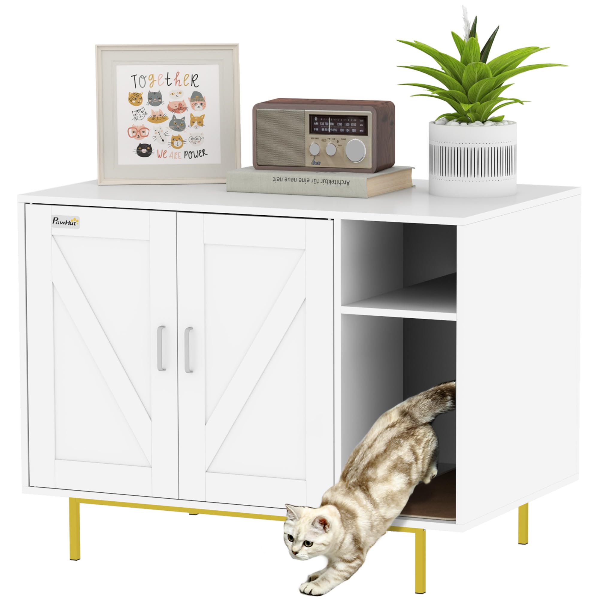 PawHut Cat Litter Box Enclosure, Kitty Litter Box Furniture with Scratching Pad, Storage, Hidden Litter Box End Side Table for Living Room, Bedroom, 31.5" x 20" x 24", White