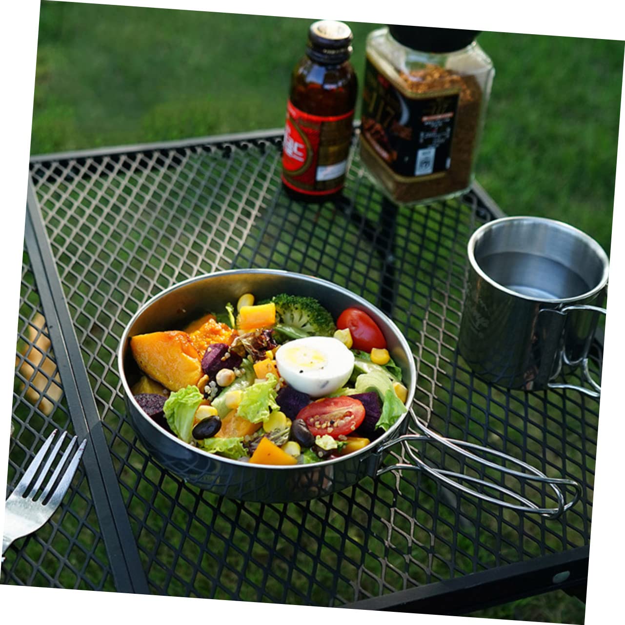 GANAZONO Vaisselle Argenté Set et 5 Pièces en Acier Inoxydable Camping Design Empilable, Résistant aux Chocs pour pour Activités de Plein Air et Randonnée Activités de Plein Air Randonnée