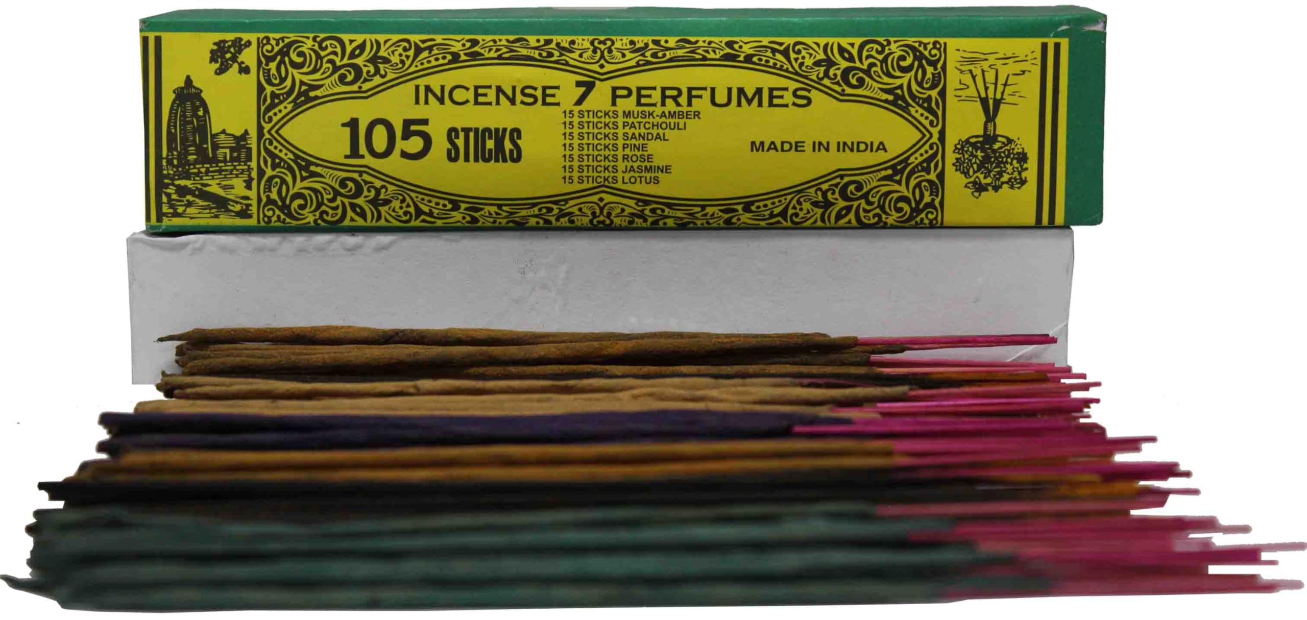 T A105Hand-made Agarbatti with 15 Sticks Each of 7 Different fragrances which Include Musk-Amber,Patchouli,Sandal,Pine,Rose,Jasmine&Lotus.The Pack Contains Agarbattis to Satisfy All Your Moods!