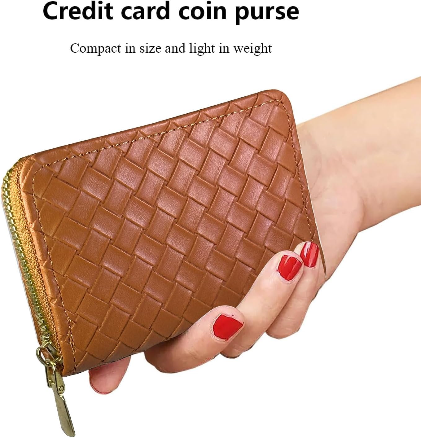 Ladies change card bag, zip storage bank card case, small portable 11 large capacity pouch, holds banknote change credit card(Brown woven pattern) - Image 6