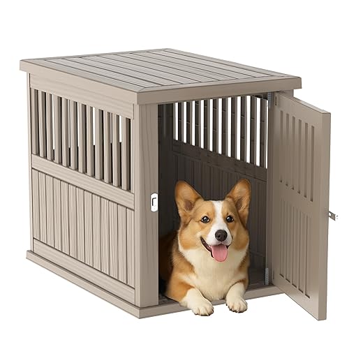DRATO Dog House Resin Dog Crate Furniture Weatherproof Functional End Table for Indoor Living Spaces & Outdoor Patios(Light Brown, Medium Size(29.65 * 21.34 * 25.28))