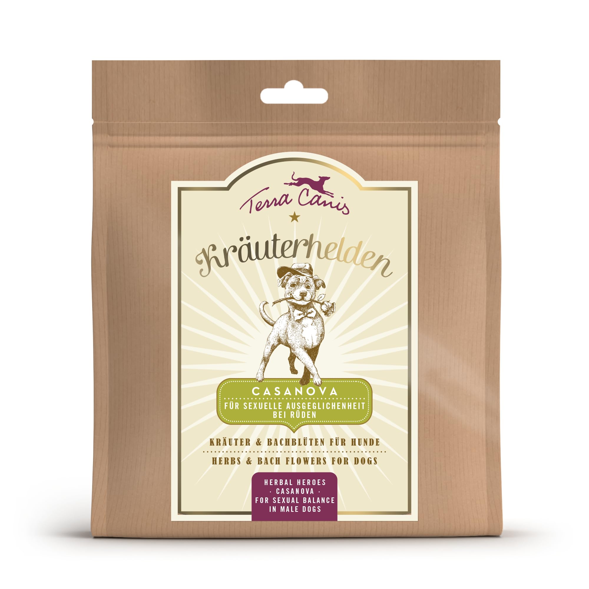 Terra Canis Kräuterhelden Casanova 60g – Kräuter und Bachblüten für Hunde, zur sexuellen Ausgeglichenheit bei Rüden, Natur pur, mit Rohstoffen 100% Lebensmittelqualität