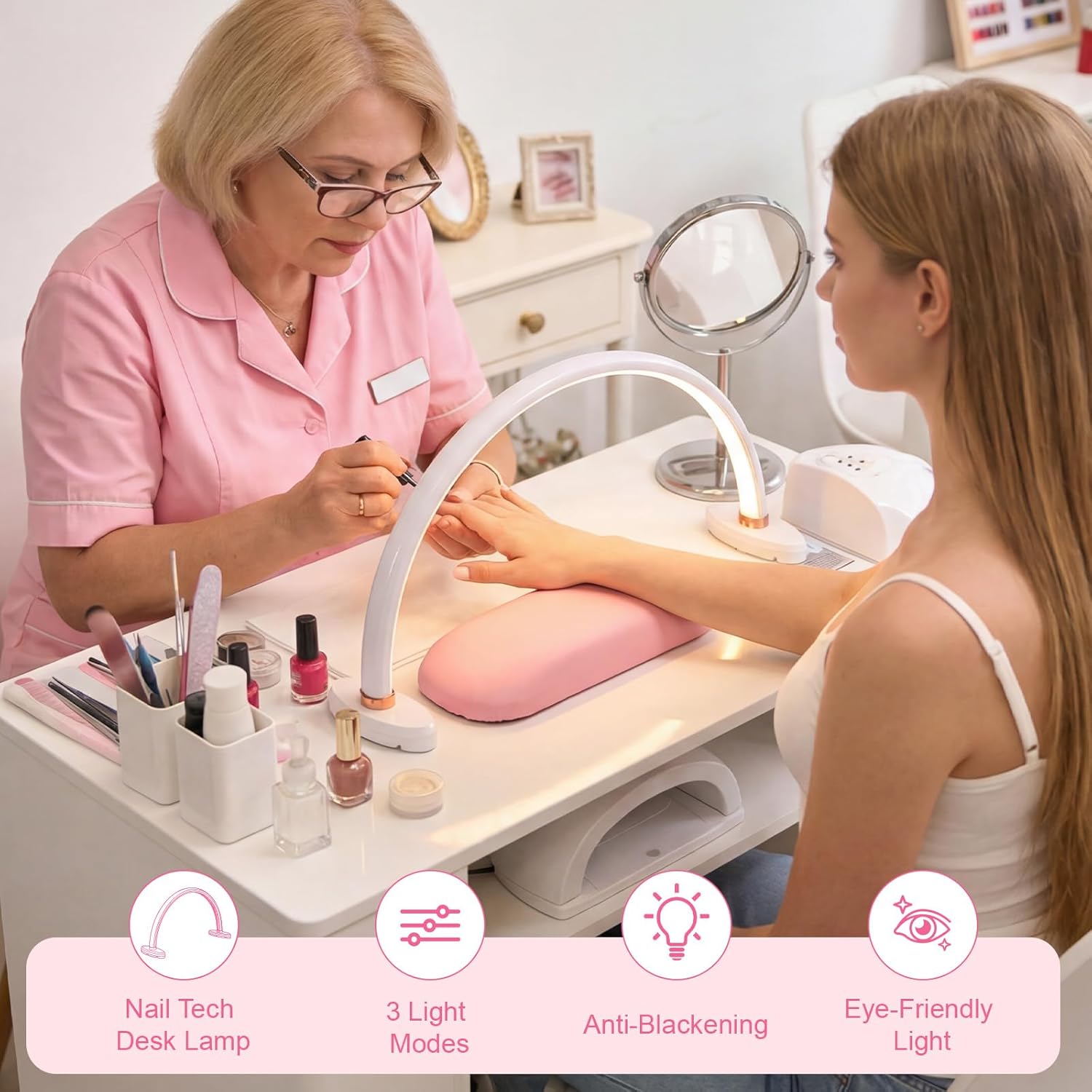 Half Moon Light for Nail Desk 16 inch Nail Desk Light Half Moon Lamp Portable Arch Lamp Dimmable with Foldable Bracket for Desk Salon Table Use, 3 Color Temperature