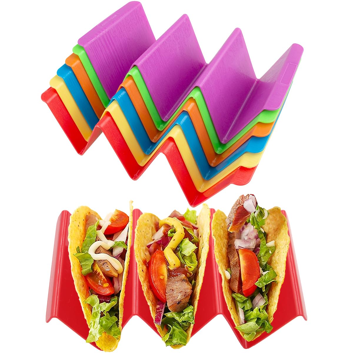 sukevitor Taco Holder Stands Set of 6, Colorful Taco Rack Holders, Premium Large Tacos Tray Plates Holds Up to 3 or 2 Tacos Each, Very Hard and Sturdy, Dishwasher & Microwave Safe