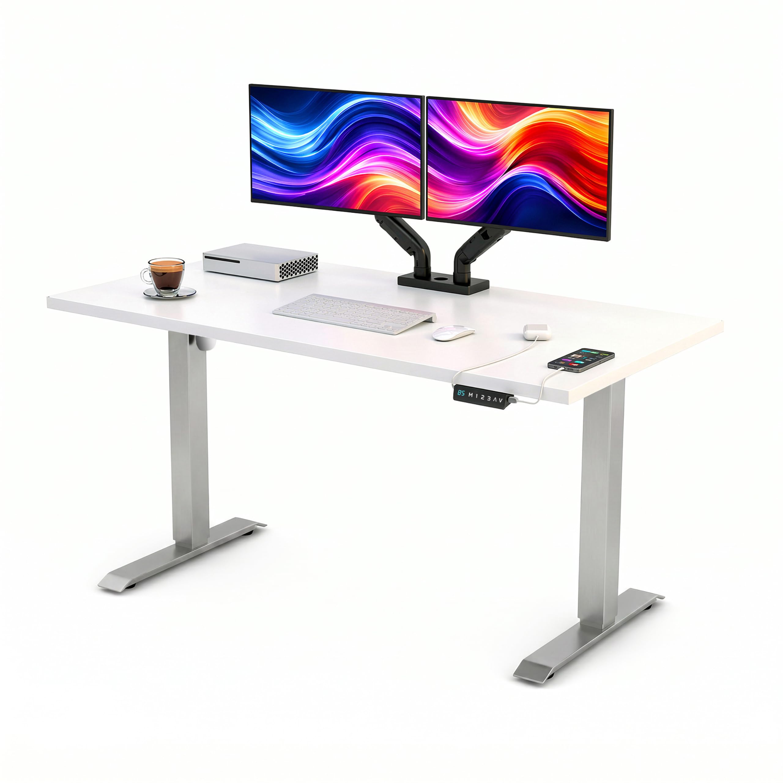 POKAR Escritorio Elevable Eléctrico 120x70 cm | Tablero Macizo 25mm | Panel con Memoria, USB-C y USB-A | Mesa Regulable en Altura para Teletrabajo | Estructura Plateada, Tablero Blanco