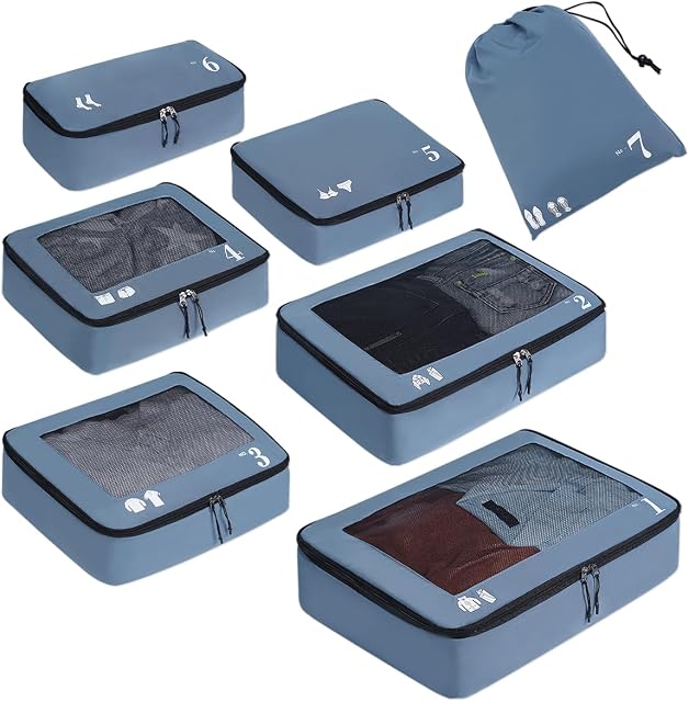 ECOHUB Cubes d'emballage 7 Set Cubes d'emballage résistant à la déchirure Organisateur de voyage avec ID Tag pour transporter sur la machine à bagages Lavable Value Organizer Sacs de voyage Cubes(Blue)