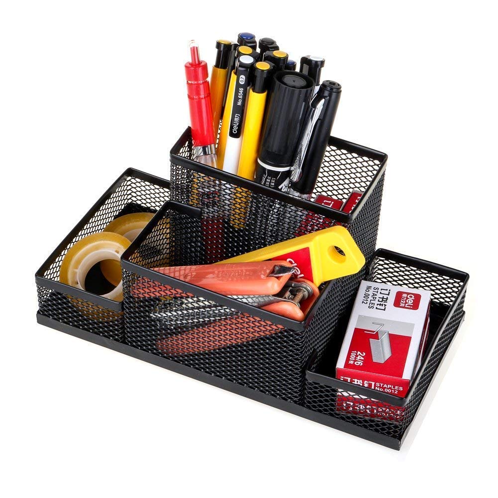 GENIYO Desk Organizer | Multipurpose Metal Mesh Pen Stand & Pencil Holder Stand For Office Table Accessories & Study Desk Items | Stationery Organizer Box For Home With 4 Compartment (Black)