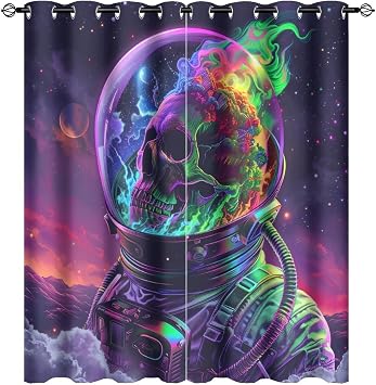 Mystical Horror Skull Blackout Curtains for Bedroom, Gothic Astronaut Skeleton Star Space Grommet Curtains Thermal Insulated Window Drapes for Living Room, 21W x 45L, 2 Panels