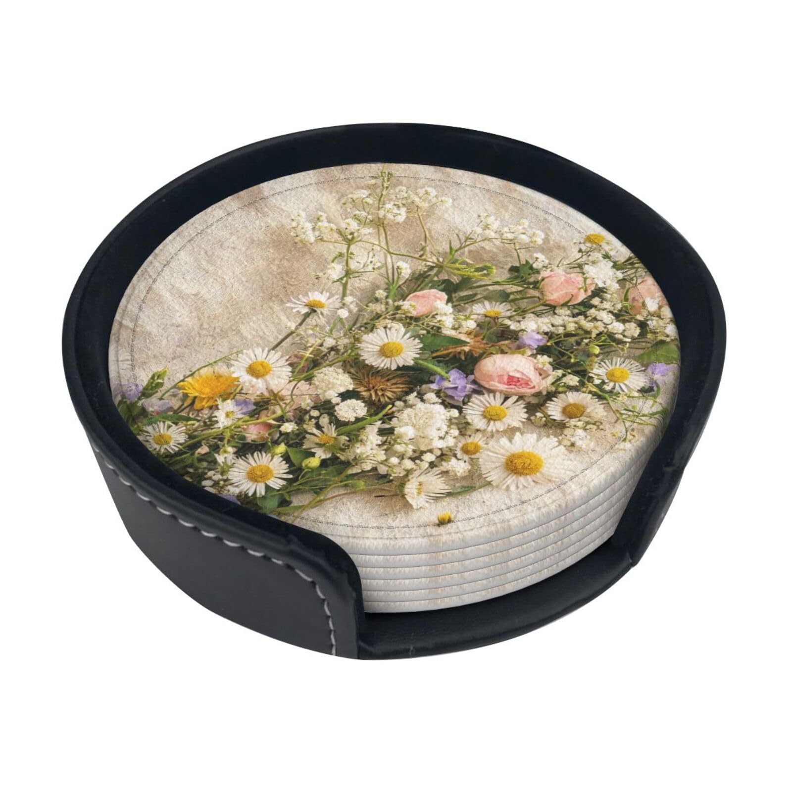 Wildflower Vintage Pattern Leather Coasters-Set of 6 with Storage Holder