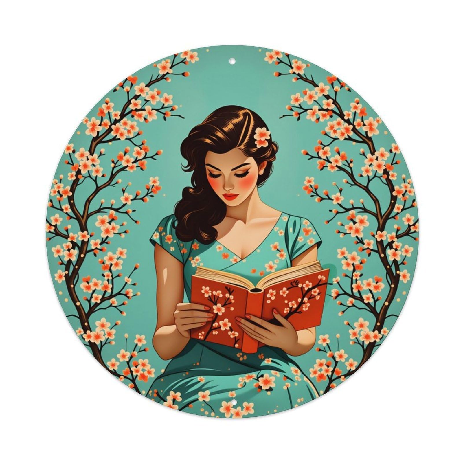 Floral Cherry Blossom Reading Woman Round Tin Sign Vintage Style Metal Sign Home Bar Garden Wall Plaque Decor Metal Poster 8x8 Inch