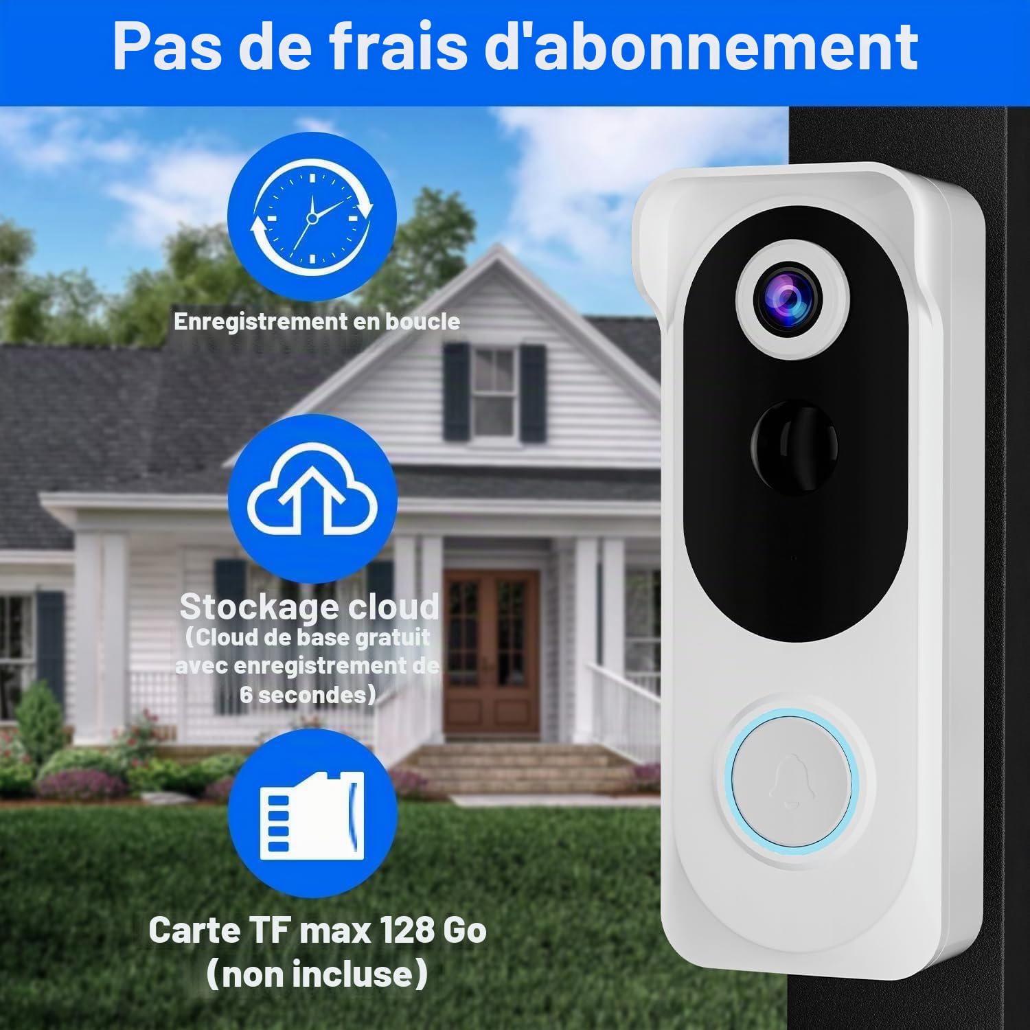 Sonnette vidéo sans fil avec carillon, caméra de sécurité 2K HD sans abonnement, détection de mouvement PIR, vision nocturne, audio bidirectionnel, alimentation par batterie, carte SD/stockage dans le