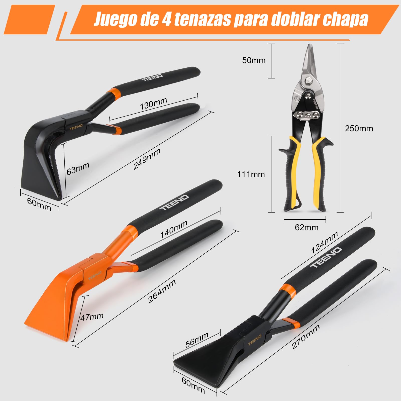 TEENO 4 Piezas Juego de Doblar Chapa 0° 45° 90° con Tijeras de aviación de hojalatero, para cortes rectos, 60Mm de Ancho, Alicates plegables de acero al carbono, Cr-V Tijeras Cortachapas Corte Recto