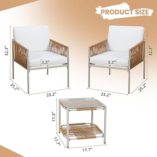 Miniatura 2 de Shintenchi Juego de muebles de mimbre para patio, muebles de exterior con dos sillas individuales y mesa auxiliar para patio trasero, balcón, junto