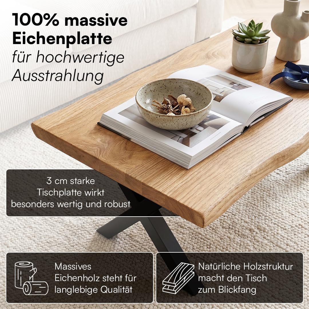 skølm Orm Couchtisch 110x55 cm, Eiche massiv, echte Baumkante, X-Gestell