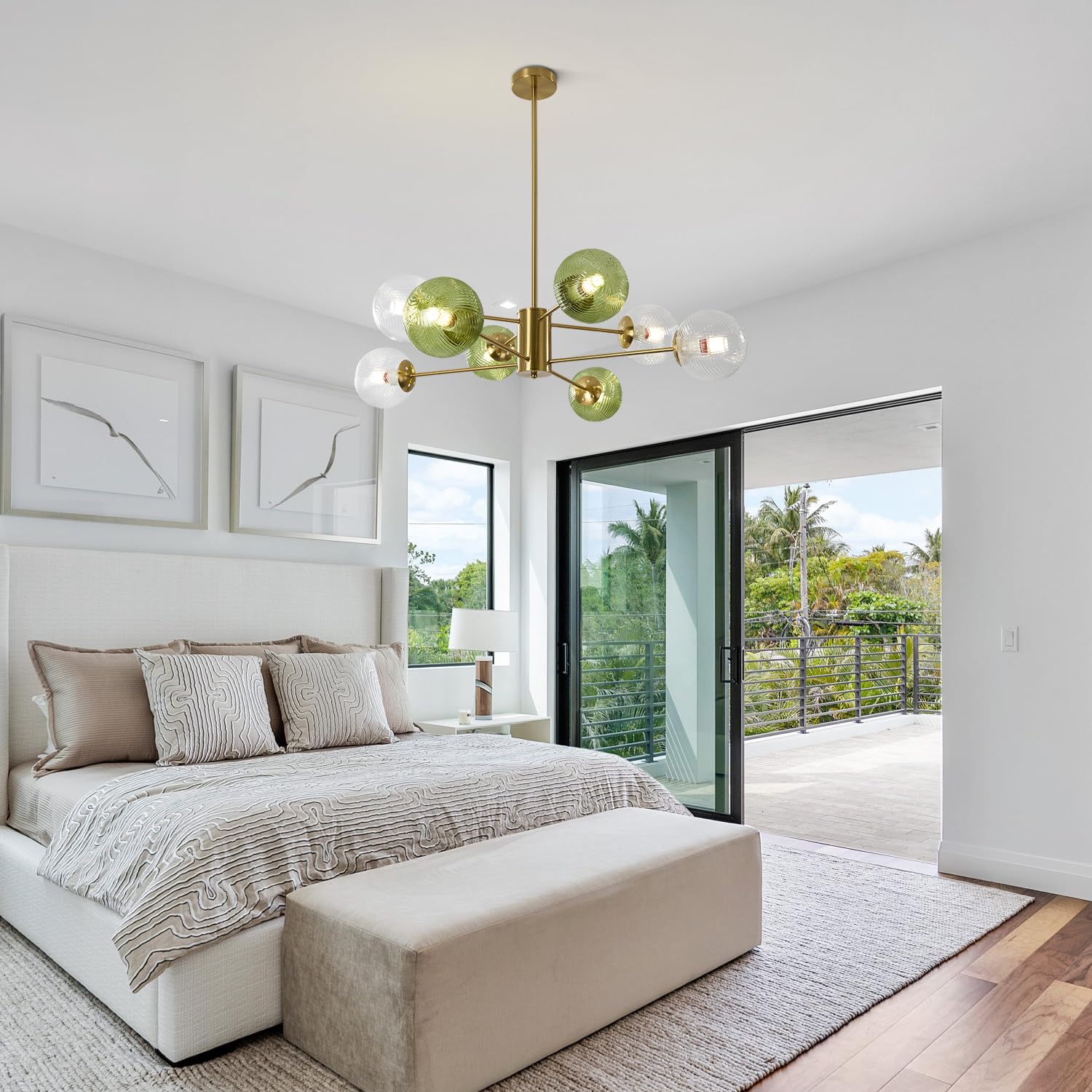 KCO Illuminazione Lampada da soffitto in vetro trasparente a bolle a 8 luci Lampadario in vetro verde metà secolo Lampadario moderno a globo dorato Lampadario a sospensione in ottone Apparecchio da