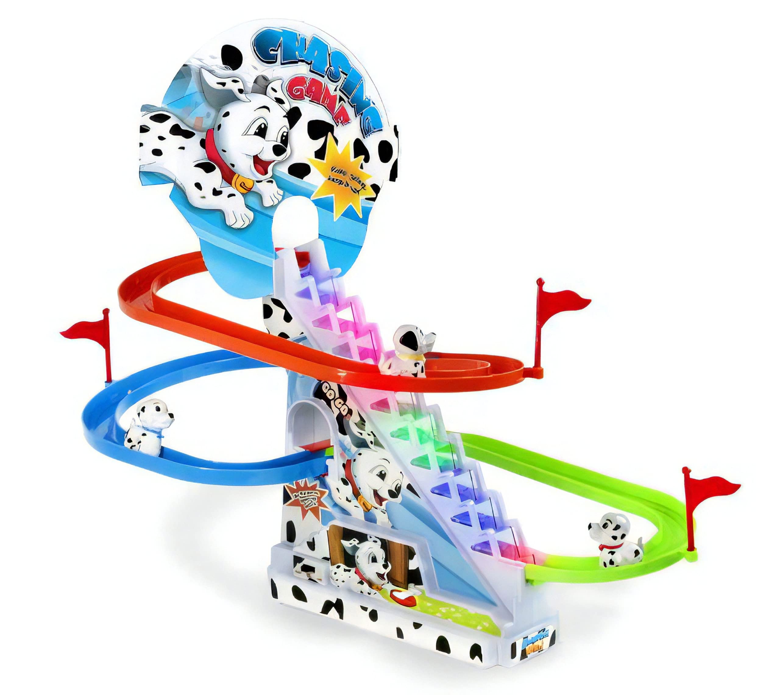 Kitty Race Climbing Roller Coaster Stairs Electronic Automatic Flashing Musical Toy, Race Track Climb Stairs Toy Early Learning Develop Toy Battery Included