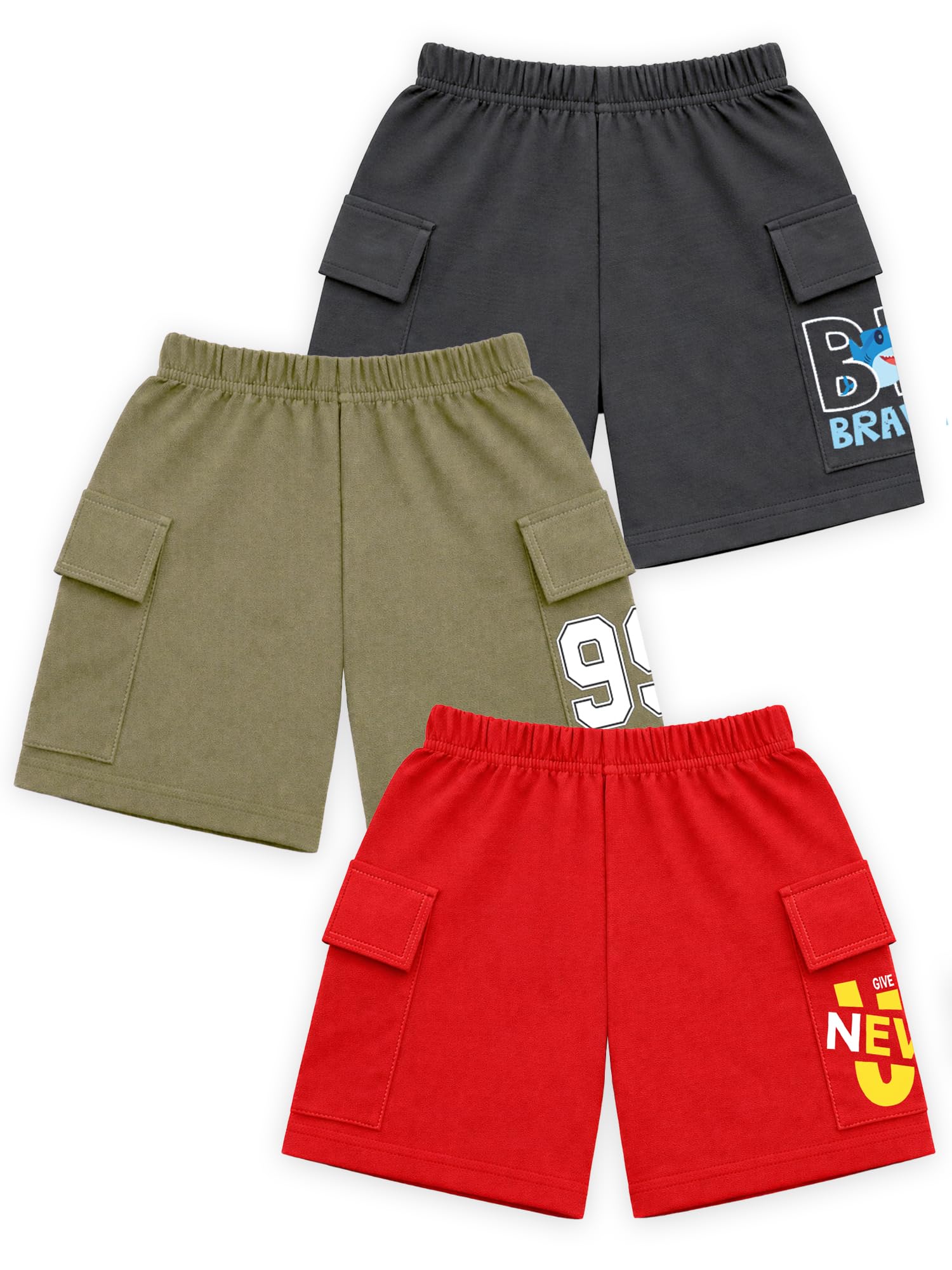 Kuchipoo Boys Cotton Cargo Shorts | Elastic Waistband | Double Pocket Shorts | Summer Casual Wear for Kids | Pack of 3
