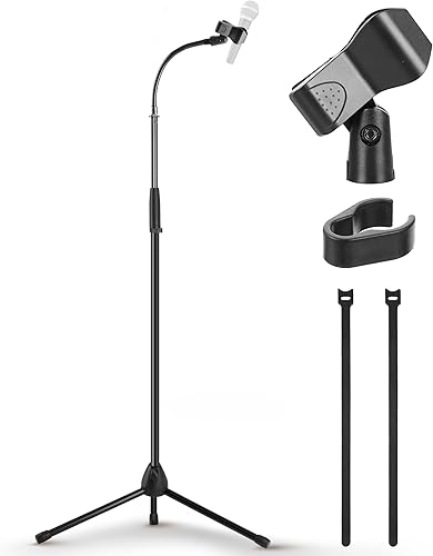 Pyle Soporte de micrófono trípode, soporte de micrófono de cuello de cisne ajustable, construcción resistente, patas de goma antideslizantes, se