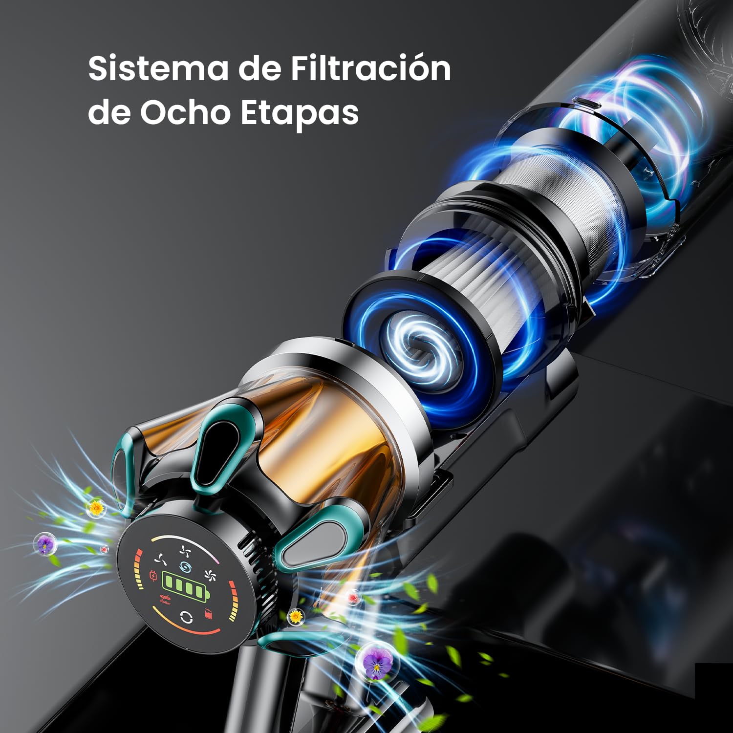Aspiradora sin Cable 55KPa/650W/70Min, Escoba Aspiradora de 1,8L, Aspirador Vertical Anti-Enredo/Pantalla LED/8 Etapas de Filtración para alfombras, Pelo de Mascotas, Suelos Duros y vehículos
