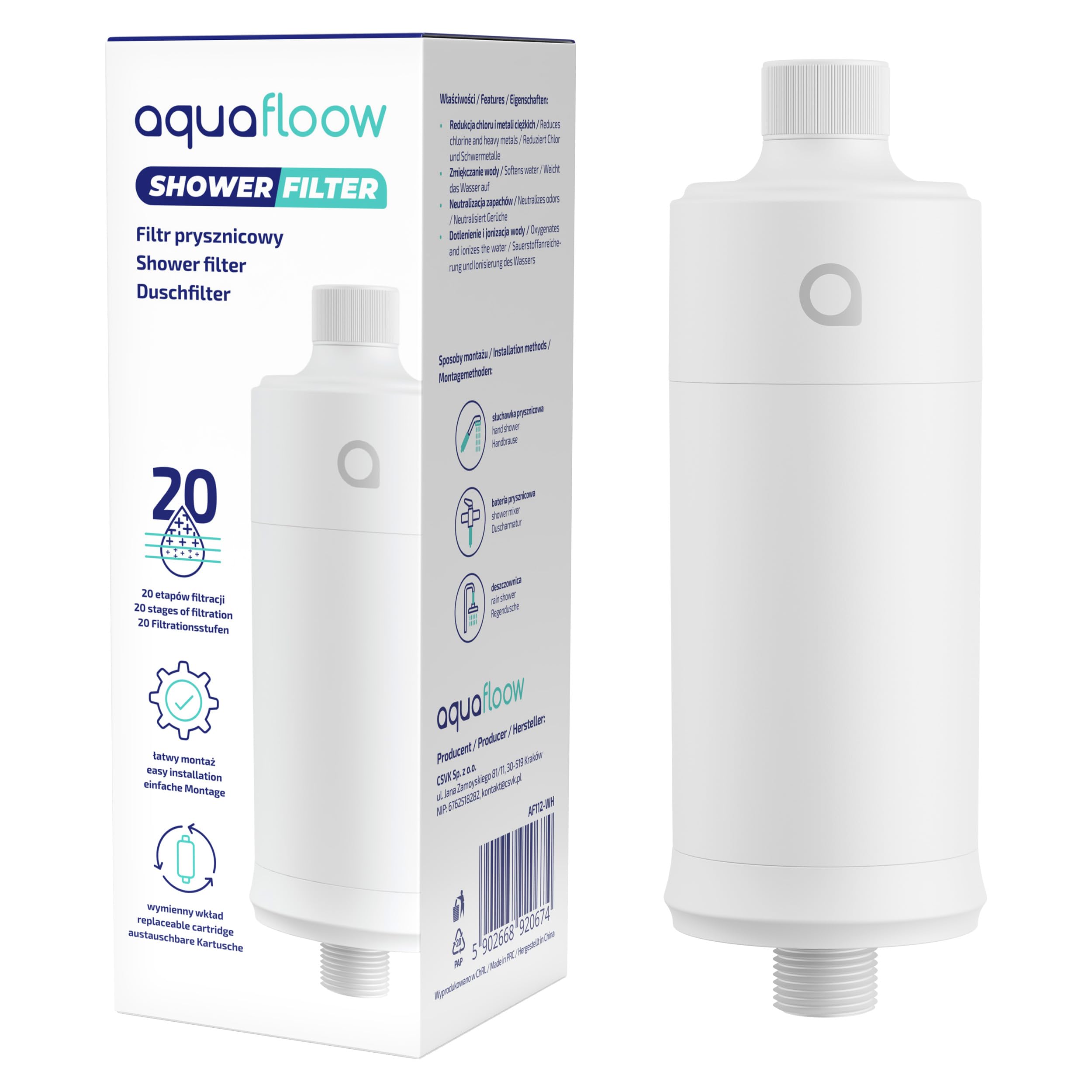 Aquafloow Filtro per Doccia contro Calcare, Cloro e Sporco, Filtrazione a 20 Stadi – Riduce la Perdita dei Capelli e le Irritazioni della Pelle – Adatto a tutti i Tubi Standard