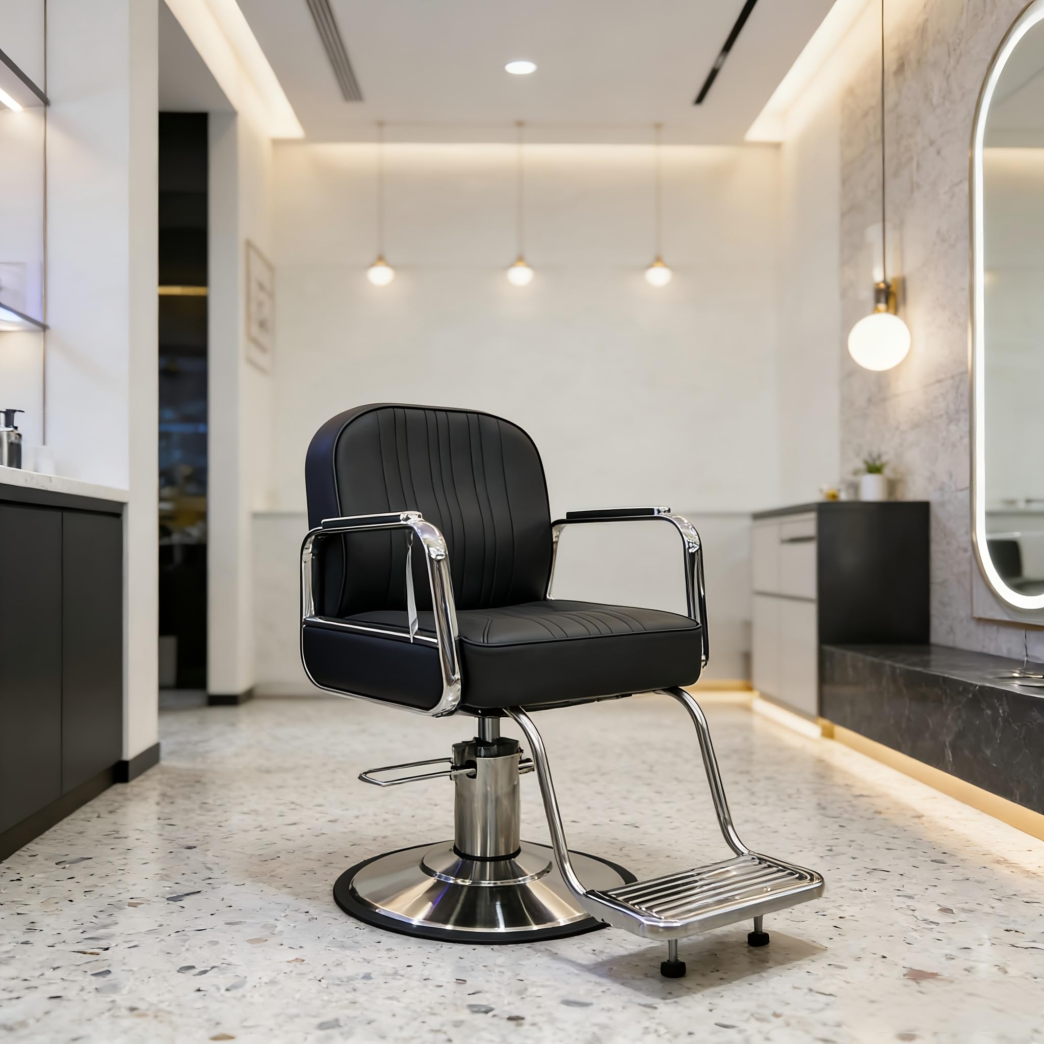 Sillón de peluquería hidráulico con estructura de acero inoxidable, tapizado con costuras verticales, reposapiés metálico, multifunción para barbería, salón de belleza, tatuaje y maquillaje