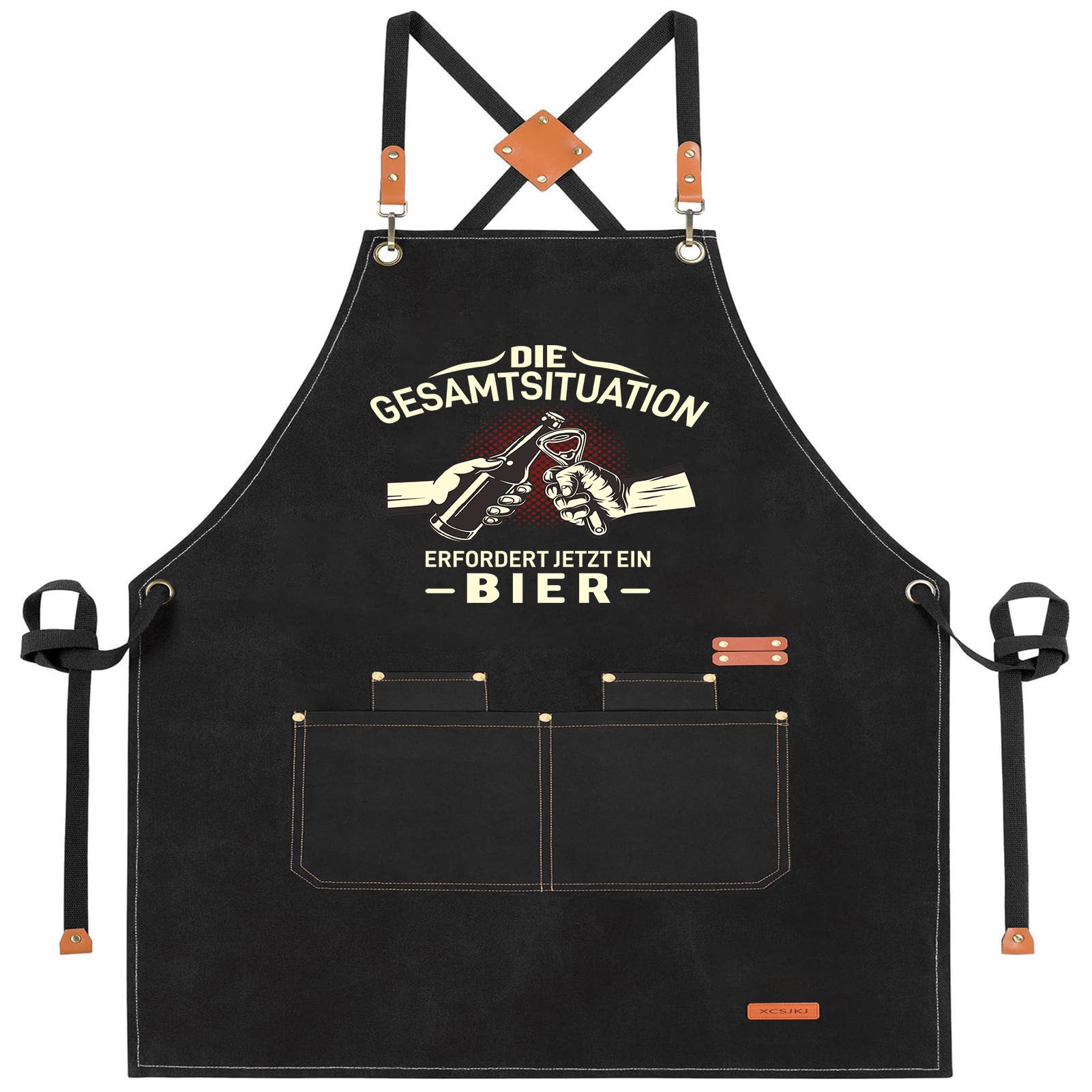 XCSJKJ Grillschürze für Männer Kochschürze Herren Schürze lustig, Grill schürze für Männer küchenschürze Herren personalisiert mit 4 Taschen ERFORDERT JETZT EIN BIER (Kreuzriemen-Stil)